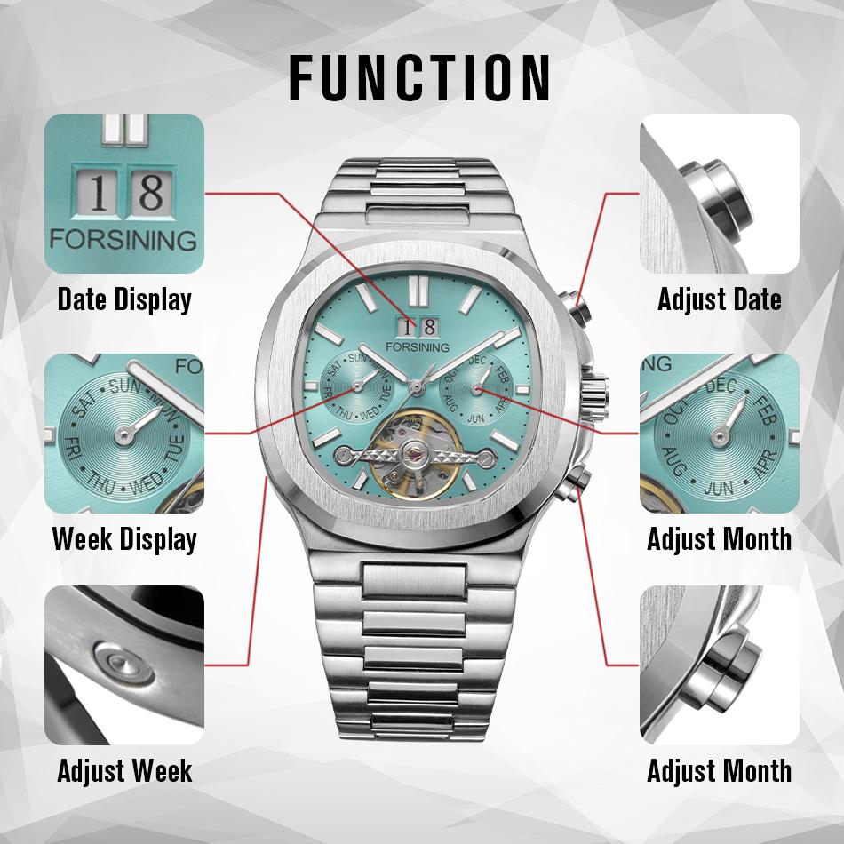Forsining 481 Militärmann Tourbillon Zeiger Uhr Woche Datum Automatische Mechanische Uhren Edelstahl Uhr Relogio Masculino