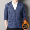 Men's V-Neck Jacquard Sweater Coat - Plus Velvet Knitted Cardigan for Autumn/Winter