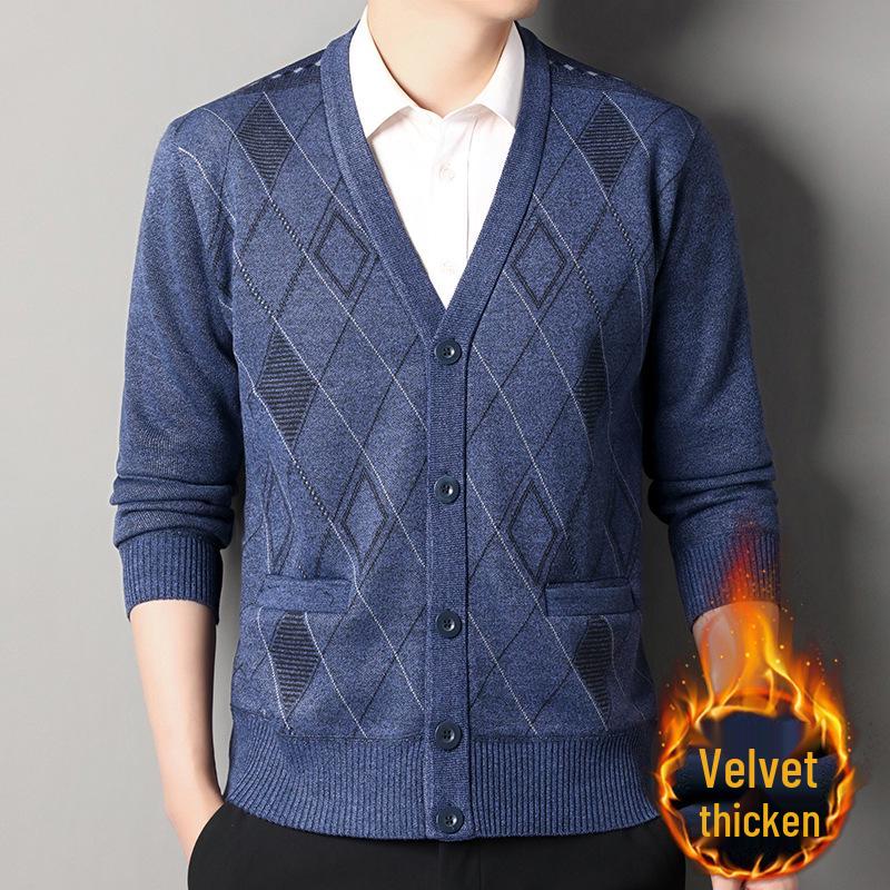 Men's V-Neck Jacquard Sweater Coat - Plus Velvet Knitted Cardigan for Autumn/Winter