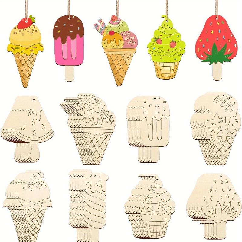 81624Pcspack Wooden Ice Cream Ornaments Multi Ice Cream Crafts For Kids Summer Party Decorations Diy Painting Gifts Supplies