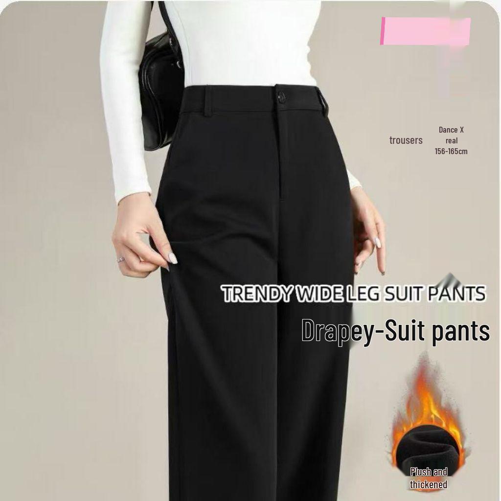 Women's Autumn/Winter 2025 Black Wide-Leg Straight Suit Pants with Fleece Lining
