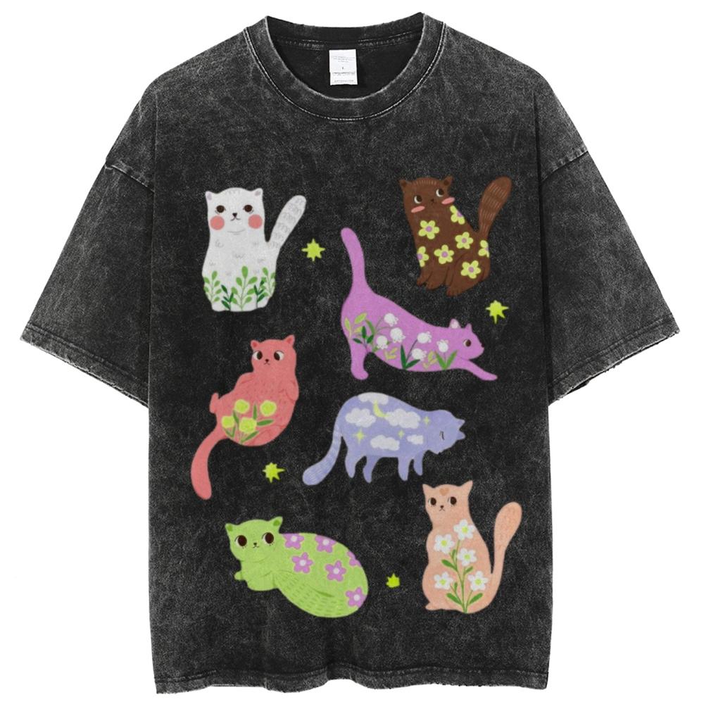 Cartoon Animal Print Women Distressed T-Shirt Oversized Vintage Distressed Short Sleeve Unisex Wash Cute Top