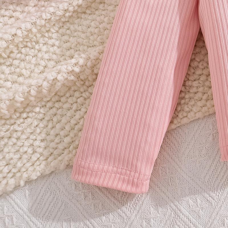 Girls' Outfit Children's Clothing Summer New Ribbed Long Sleeve Top Printed Strap Dress Two-Piece Set