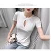 Short-sleeved t-shirt women's new summer sexy irregular niche design sense hollow thin top front shoulder tide
