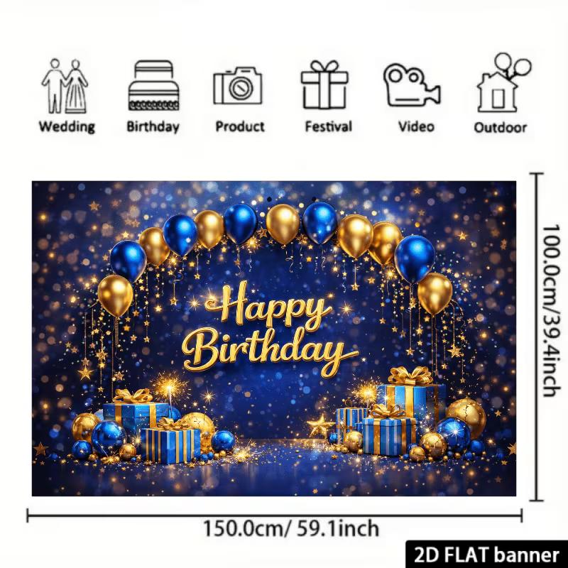 2D Blue Gold Sparkle Birthday Backdrop Banner Men Boys Happy Birthday Party Decor Background