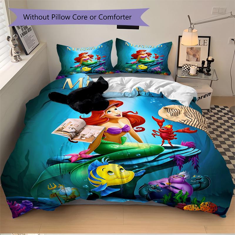 3pcs Set Mermaid1pc of Quilt Cover+2pcs of Pillowcase, No Core, Print Bedding, All Seasons Bedroom Setting061