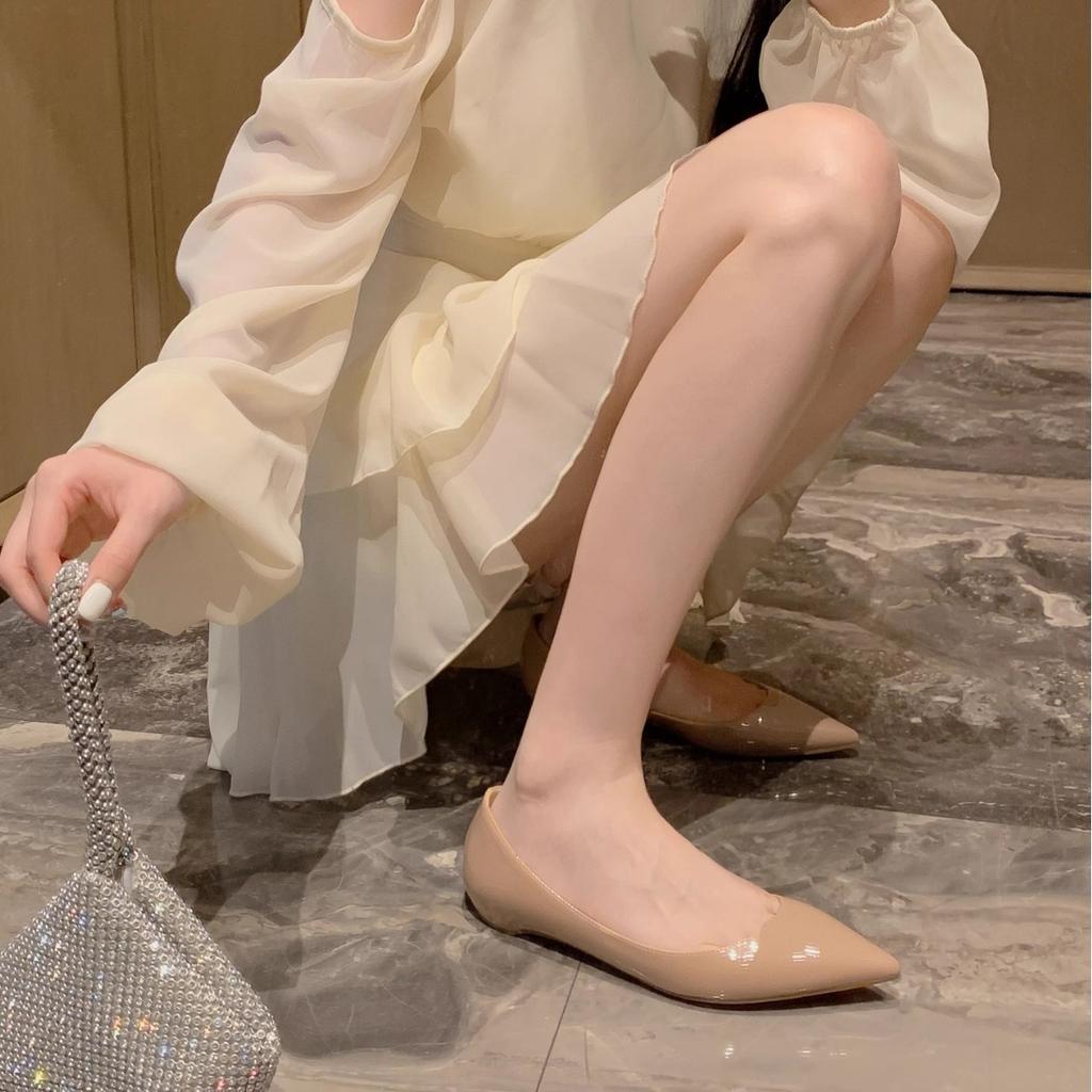 Ziyan Nude Single Shoes Women's Patent Leather 2025 Summer New Red-soled Shoes Temperament Shallow Mouth Pointed Flat Shoes Inner Height Increase