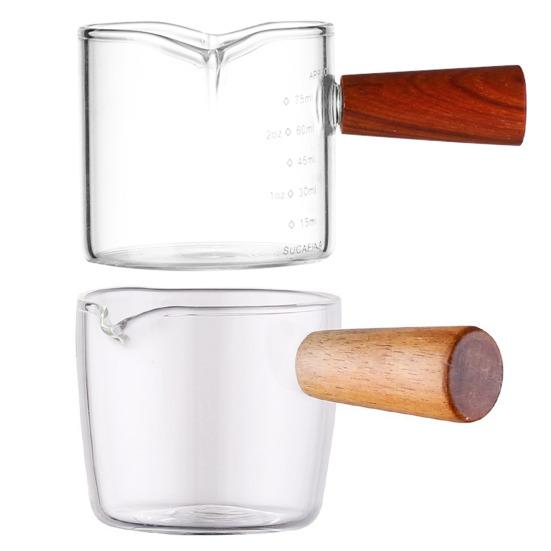 Målekopp i glass med trehåndtak Espresso Melk Kaffekopp 100 ml Dobbel skala Klar Kaffebryggeutstyr