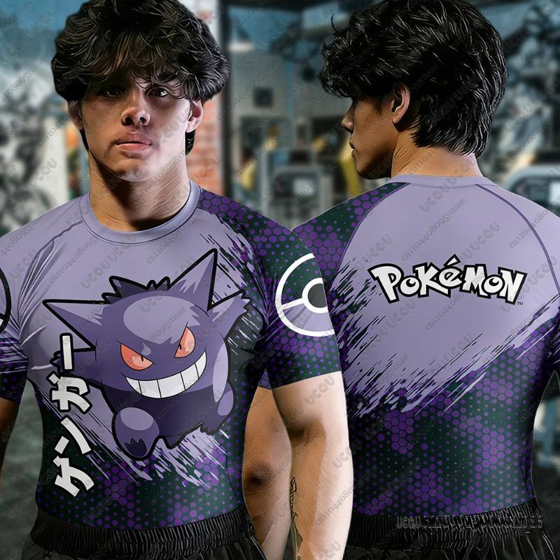Summer Men's Fitness Tshirts Cartoon Pokémon Gengar Muscle T-shirts Jiu Jitsu Rash Guard Breathable Tees Man Fitness Clothing