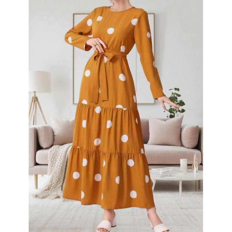 

Autumn New Arrival Fashion Fashion round Neck Big Polka Dot Waist Trimming Ruffles Temperament Long Sleeve Dress Dress Dress Dress Ginger yellow L