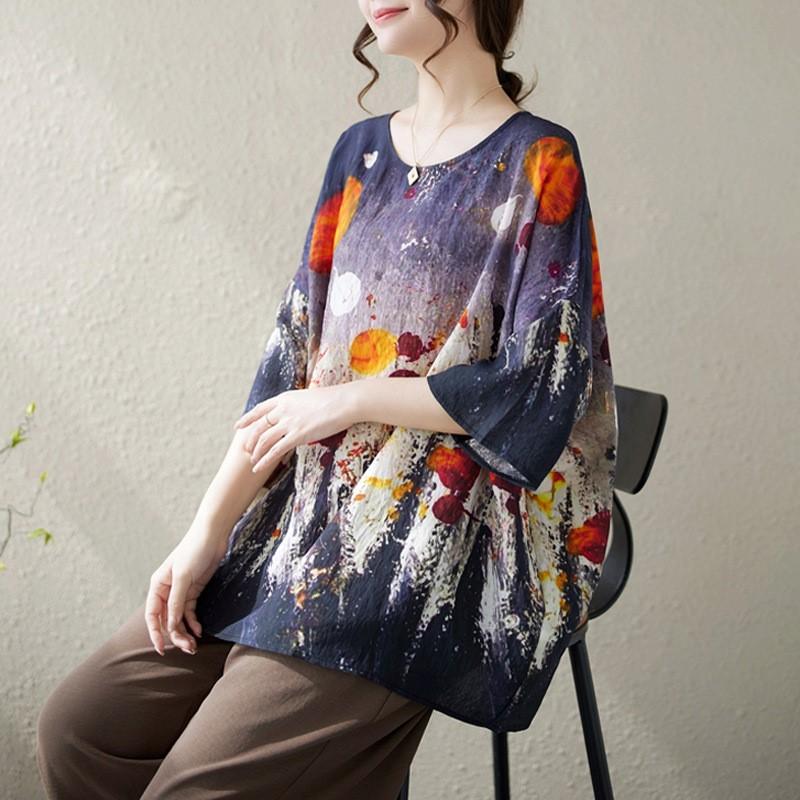 Johnature Casual Print Women Tops Summer Simple O-neck Loose Pullover Women T-Shirts