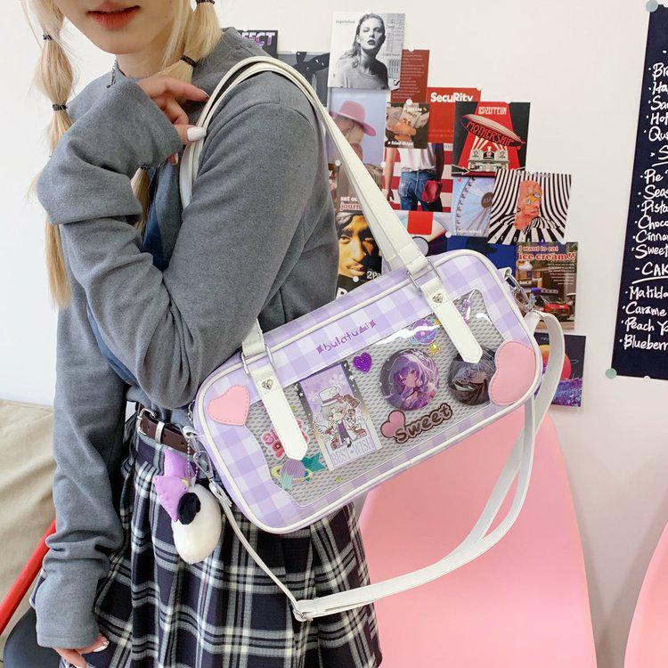 Japanese Kawaii Heart Plaid Ita Bag - Women's Transparent Crossbody with Pin Board