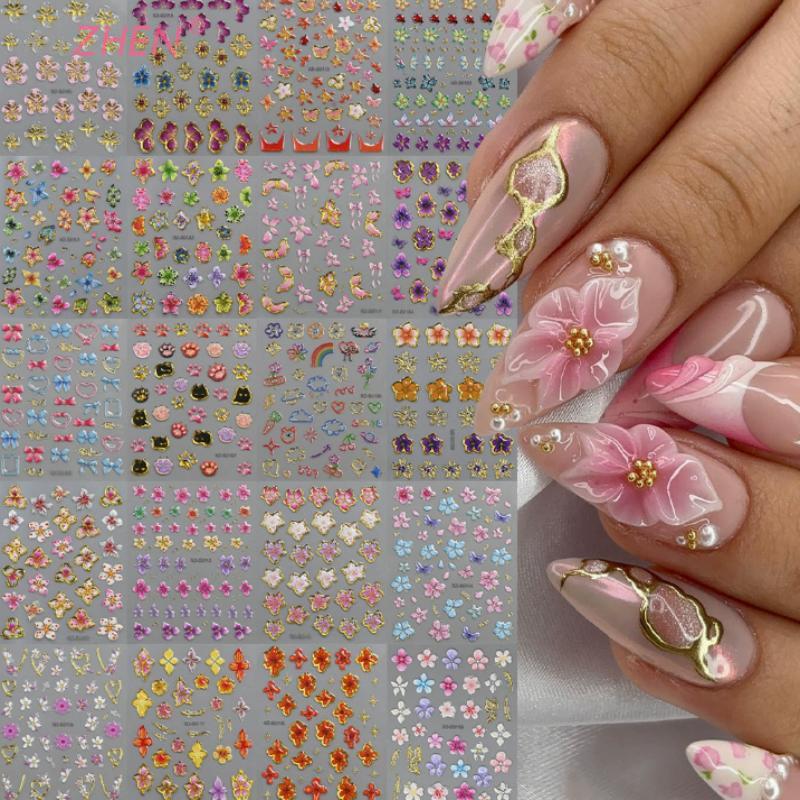 Blossom Floral Nail Stickers Bronzing 5D Spring Summer Petal Nail Appliques Flowers Nail Charms DIY For Manicure Decoration