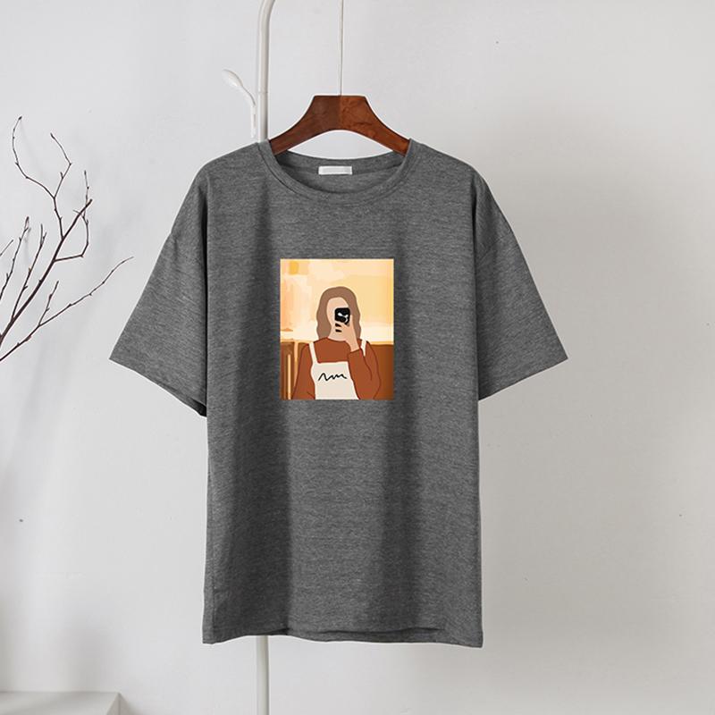 Hirsionsan Koreanska grafiska T-shirts Dam Sommar Casual Lös O-hals Kortärmade T-shirts Kvinnliga vintagetryckta 100 % bomull Toppar