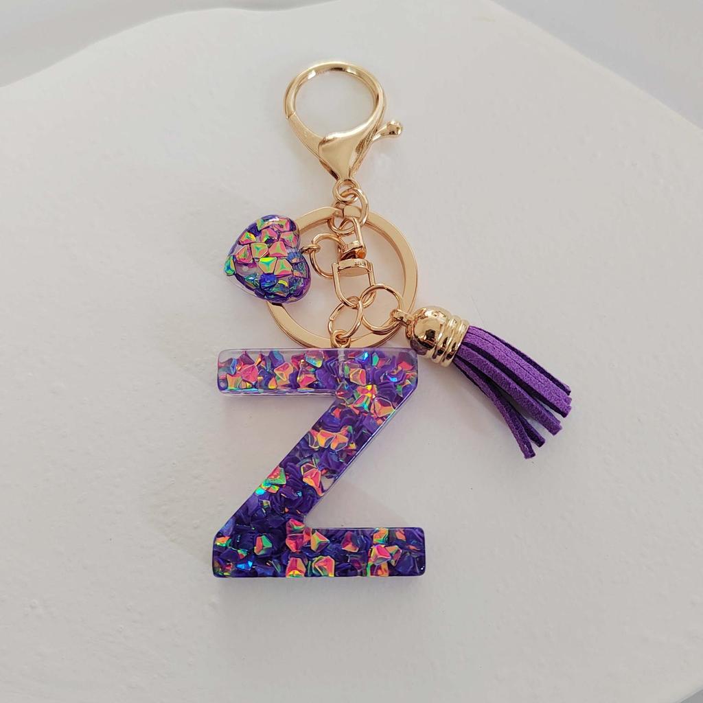 Candy Color Sequin Letter Keychain with Iridescent Heart and Tassel Charm