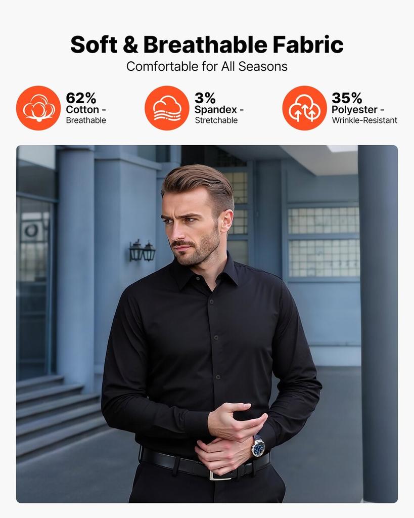 Men's Button Up Shirt, Mens Long Sleeve Wrinkle-free Button Down Dress Shirts, Slim Fit Soft Stretch Fabric for Business Casual or Formal, Work,