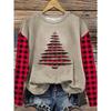 Plus Size - Women'S Plus Size Christmas Tree Hollow-out Print Sweatshirt - Red & Black Plaid Patchwork Design, Loose Fit Crewneck Long Sleeve Top