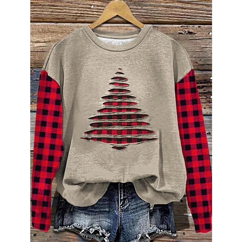 Plus Size - Women'S Plus Size Christmas Tree Hollow-out Print Sweatshirt - Red & Black Plaid Patchwork Design, Loose Fit Crewneck Long Sleeve Top