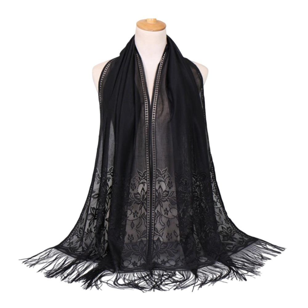 Cross-Border Solid Color Lace Scarf Cotton Blend Muga Silk Hollow Scarf Hollow Design Tassel Trim Mesh Scarf Casual Wear
