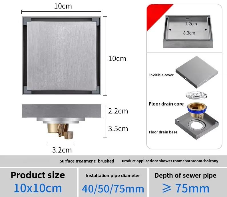 Thickened 304 stainless steel floor drain for bathroom, concealed odor proof floor drain Modern minimalist style