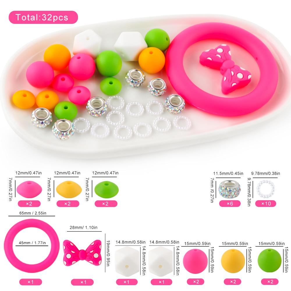 32Pcs/set Mixed Style Silicone Bead Kit Round Silicone Ring Focal Bead DIY KeyChain Bracelet Necklace Jewelry Accessories
