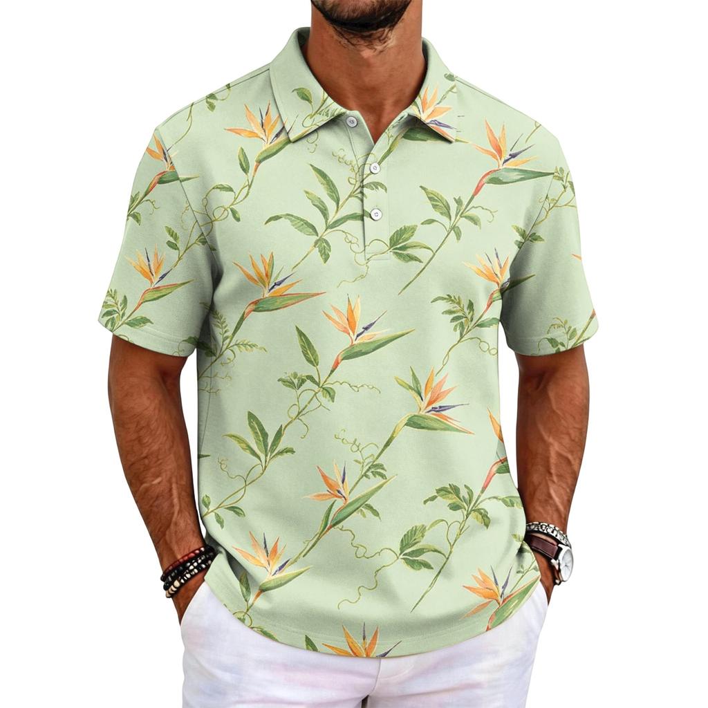 Men's Short Sleeve Polo Shirt Hawaiian Style Loose Fit Casual Top Button Down Collar Soft Fabric All Over Print Design