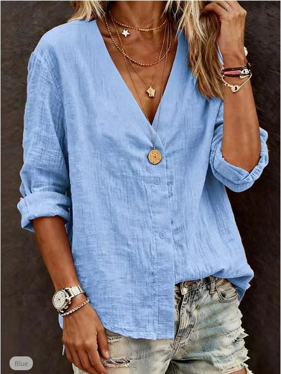 2026 Solid Color V-Neck Loose Cardigan Shirt for Women - Casual European and American Style