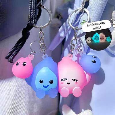 2Pcs Couple Keychain Luminous Silicone Water Drop Shape Pink Blue Smiling Face Design Key Chain