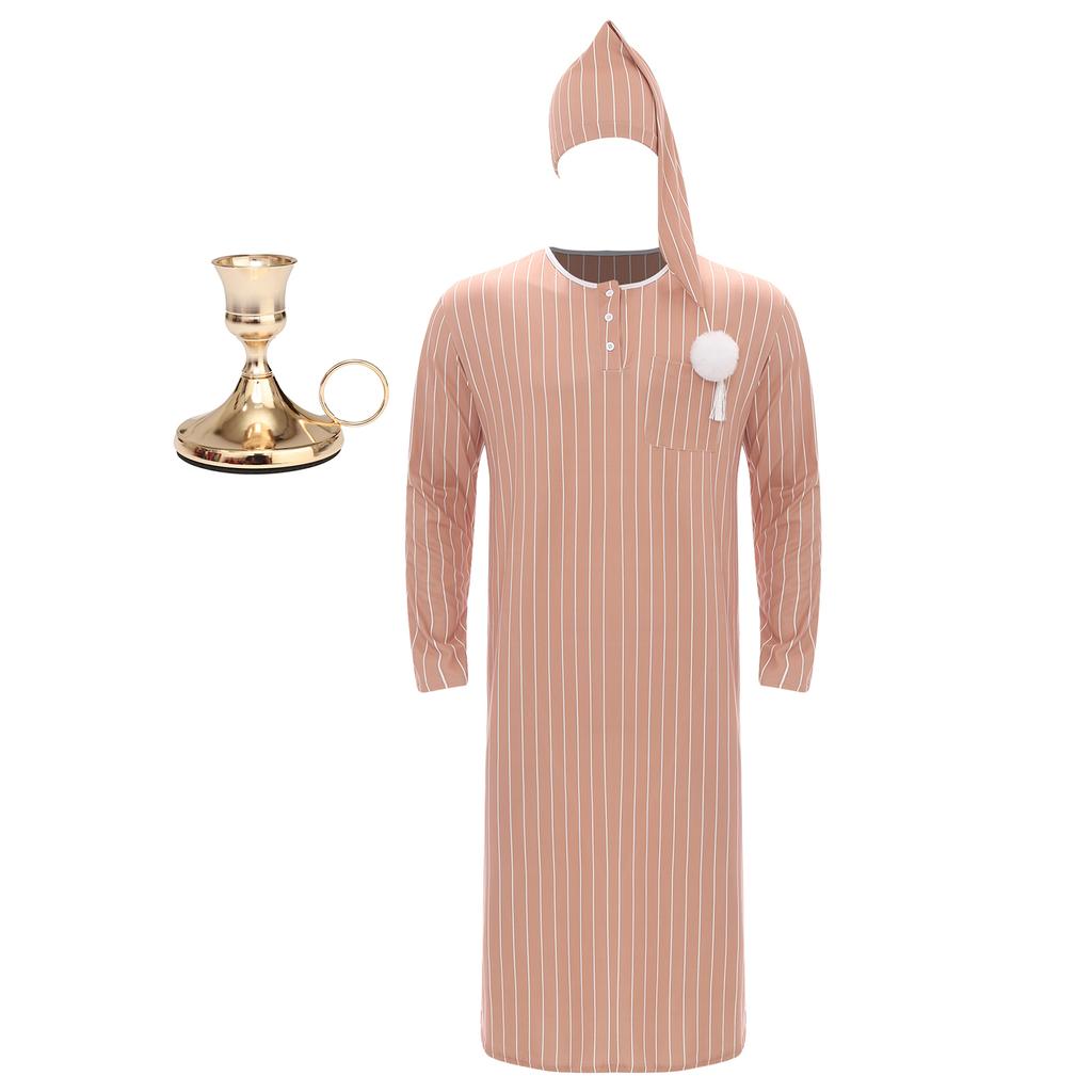 Erkek Pijama Bornozu Çizgili Sivri Şapka Metal Konik Mumluk Seti Uzun Kollu Pijama Elbisesi Noel Kostümü