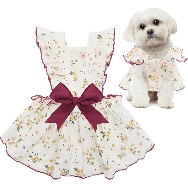 CuteBone Cotton Dog Dress Bear with Leash Ring & Sleeve Ruffles, Soft & Breathable, Stylish Pet Clothes Outfit for Small Dogs, Comfortable & Easy to Large