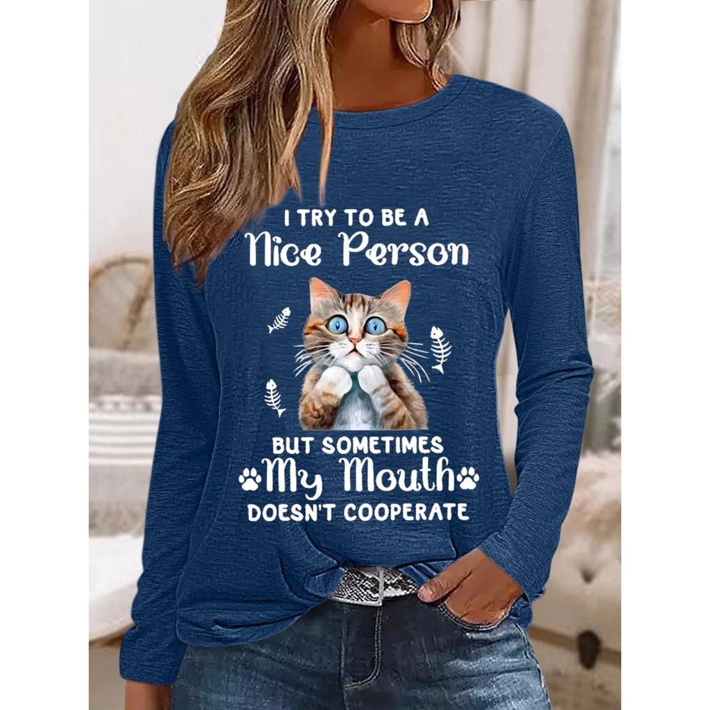 Okrągły dekolt 3D nadruk zabawny kot wzór top modny casual długi rękaw damskie koszulki