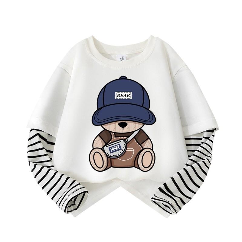 Boys' Cartoon Patchwork Long-Sleeve Striped Cotton T-Shirt