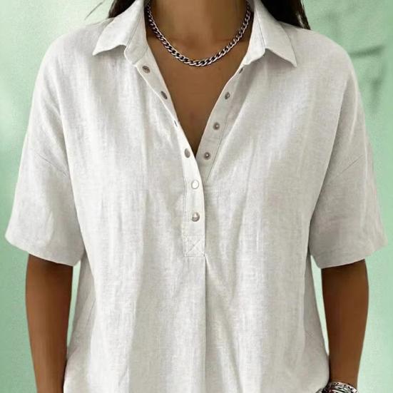 Women Shirt Lapel Buttons Half Placket Short Sleeve Shirt Tops Pure Color Loose Fit Casual Blouse Vacation Date Casual Wear