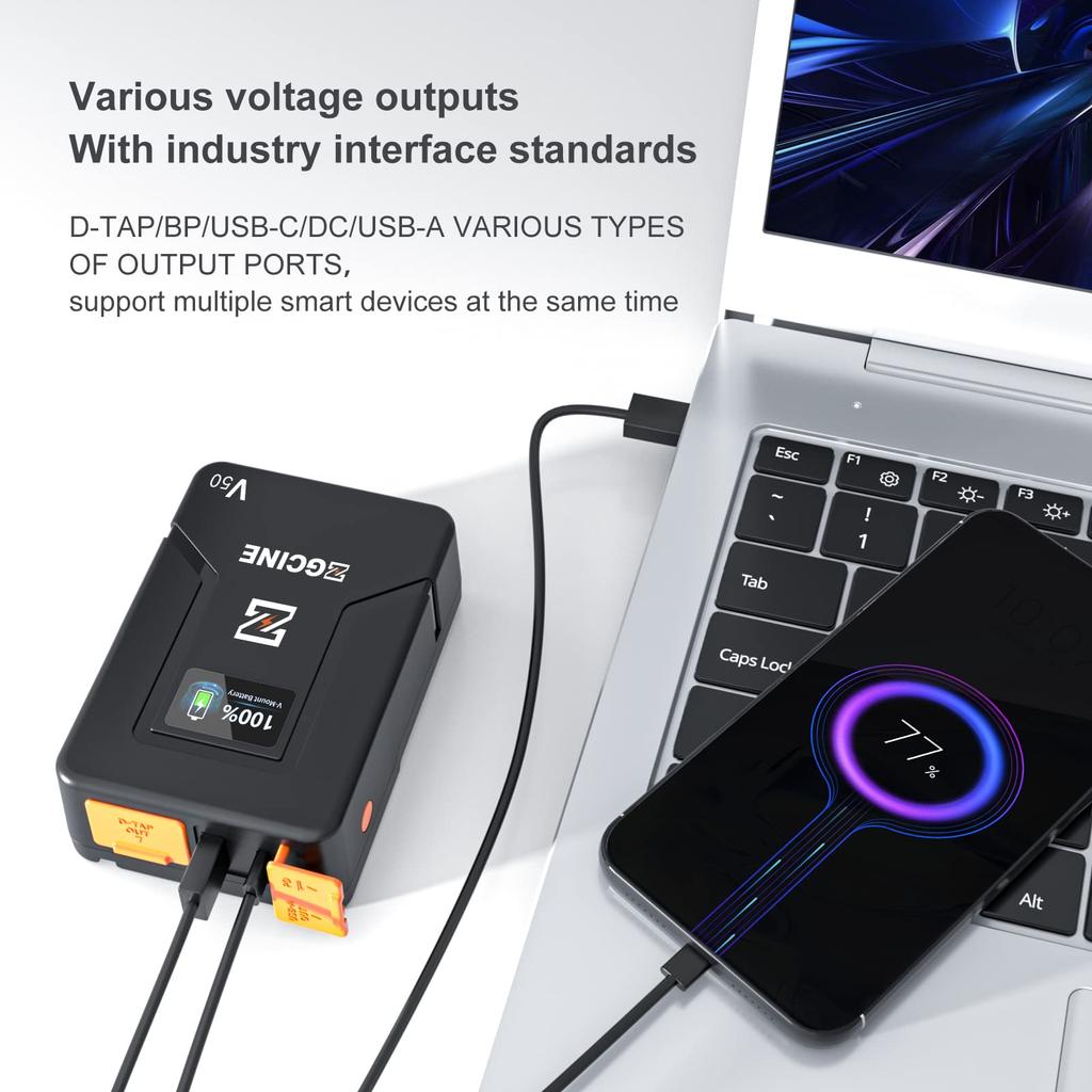 ZGCINE USB 50 Wh Camera PD 65W Charger with BP for Broadcast LED BMPCC 4K and ZCAM V-Mount Type-C Charger, Carry-On Compatible, (3400mAh / 14.8V),