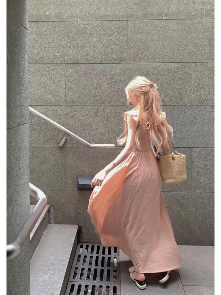 Lined Flutter Sleeve Ruffle Dress - Square Neck, Fitted Waist, Long French Style for Women, Perfect for Summer Elegance