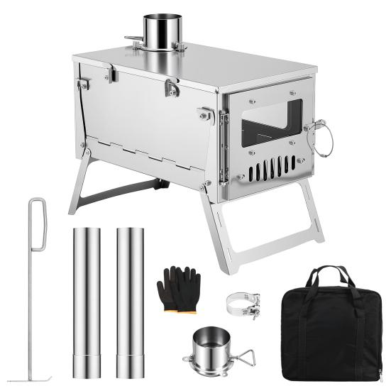 Foldable Camping Stove, Stainless Steel Portable Wood Burning Stove, Tent Stove with Visible Window, Adjustable Vent & Multiple-Section Pipe for