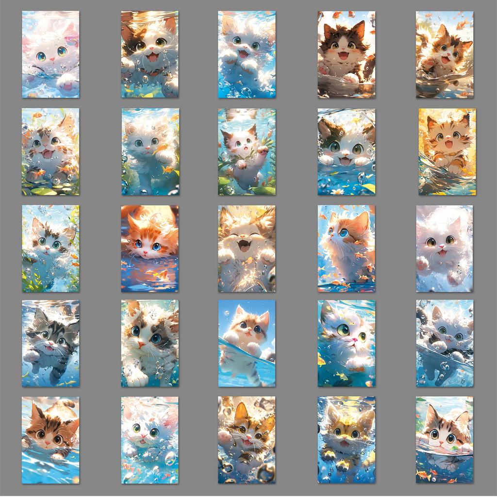 50 Cats Playing with Water Doodle Stickers Cartoon Cute Cats Gauze Decorative Water Cup Mobile Phone Case Computer Stickers