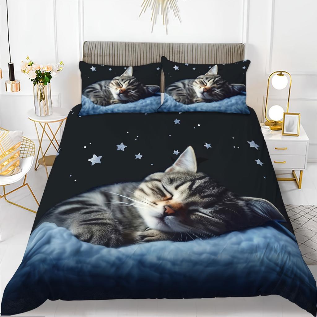 Cat Series Cute Animal 3D Digital Printing Quilt Cover Three-Piece Bedding