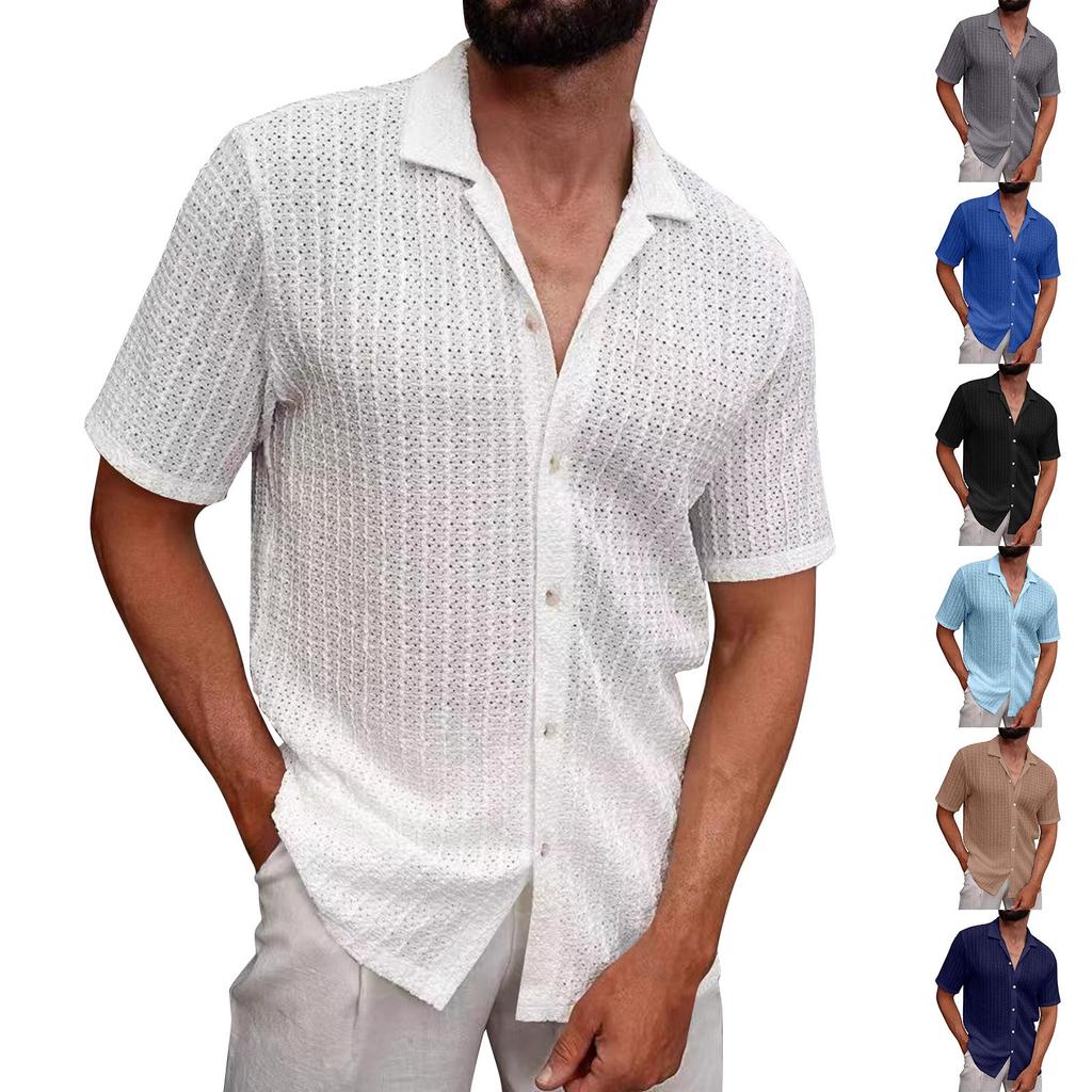Men's Summer Color Knitted Lapel Hollow Breathable Button Short-Sleeved Shirt