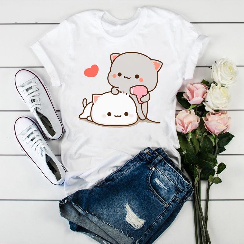 Newly women tshirt cartoon funny cute peach cat print t shirt femme Harajuku kawaii summer tops tee shirt femme tumblr clothes