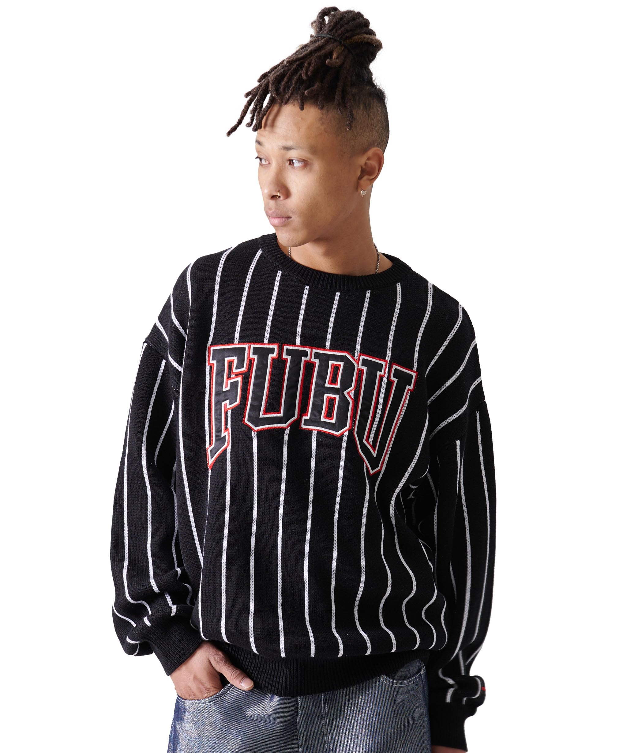 

FUBU Brand Logo Embroidered Patch Striped Crew Neck Knit Pullover Sweater fam-51701 чорний