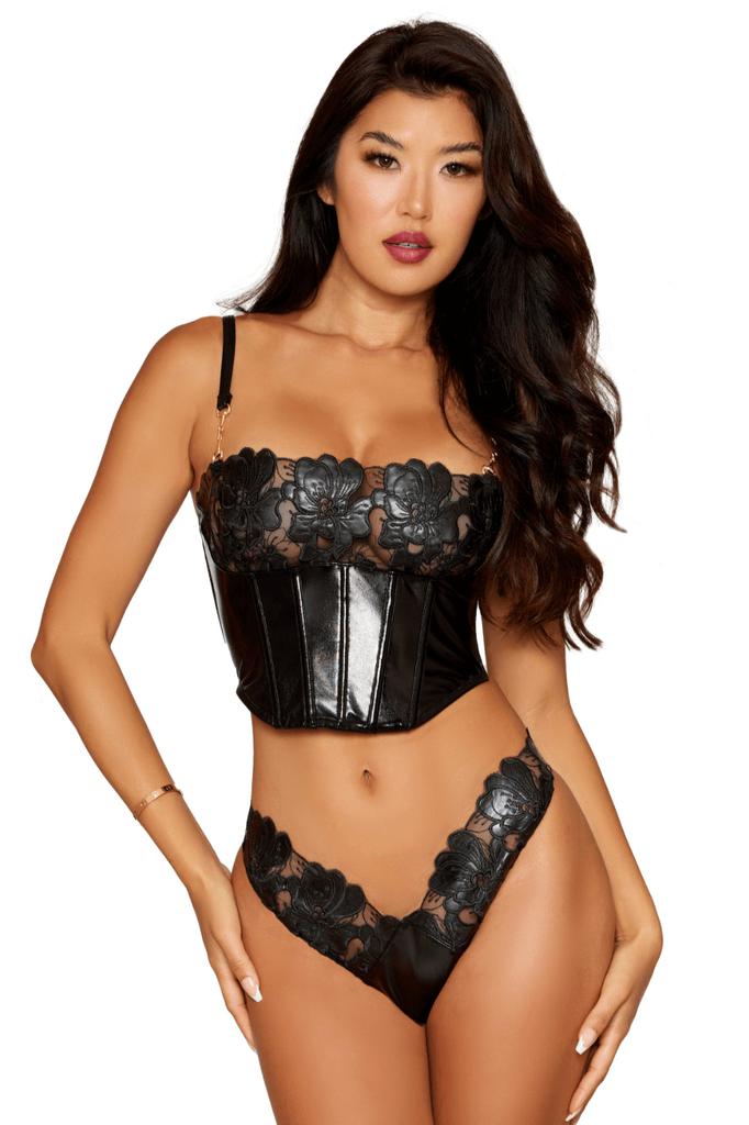 Bustier Noir Avec Armatures En Simili Cuir, String Assorti Dg13655 Blk