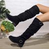 Women's Solid Color Trendy Boots, Buckle Belt Pull On Chunky Heel High Knee Boots, Winter Round Toe Slouchy Boots