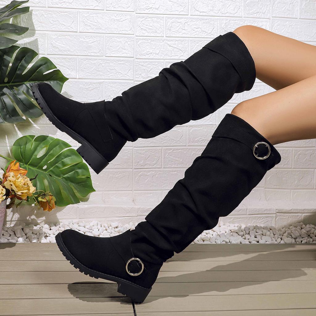 Women's Solid Color Trendy Boots, Buckle Belt Pull On Chunky Heel High Knee Boots, Winter Round Toe Slouchy Boots