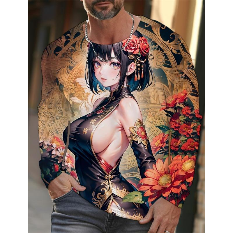 Men's Long-sleeved T-shirt 3D Printing Anime Tattoo Beauty Printing Men's Autumn Tops Casual Round Neck Home Clothes Pullover