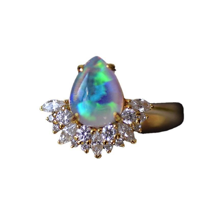 Water Droplet Shaped Blue Australian Treasure Inlaid with White Diamond Ring European and American Retro Water Droplet Food Ring