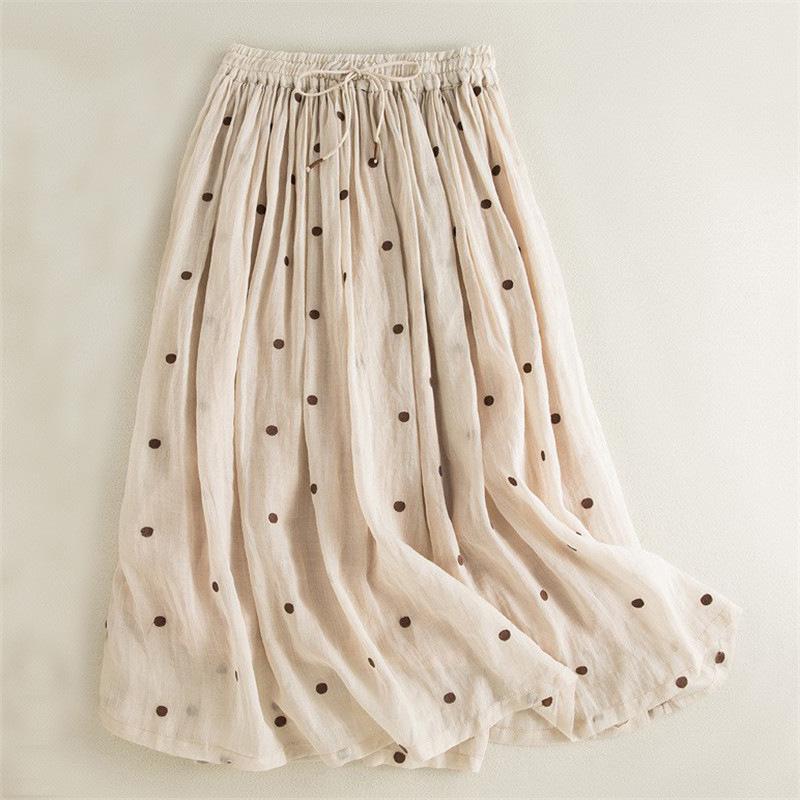 2025 Spring/Summer Women's Cotton Linen Polka Dot Pleated Midi Skirt with Elastic Waist