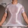 Men T-shirt Thin High Elasticity Round Neck Short Sleeves Slim Fit Good Breathability See-through Glossy Surface Top