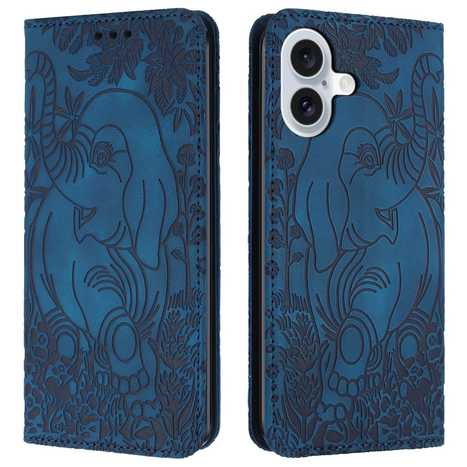 

For iPhone 16 Plus Case PU Leather Wallet Phone Cover Elephant Pattern Blue