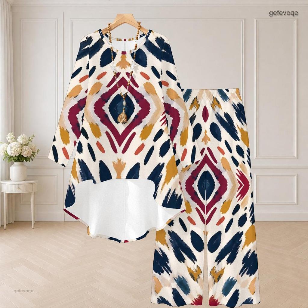 Women Plus Size Round Neck Long Sleeve Printed High Low Top Wide Leg Pants Two Piece Set